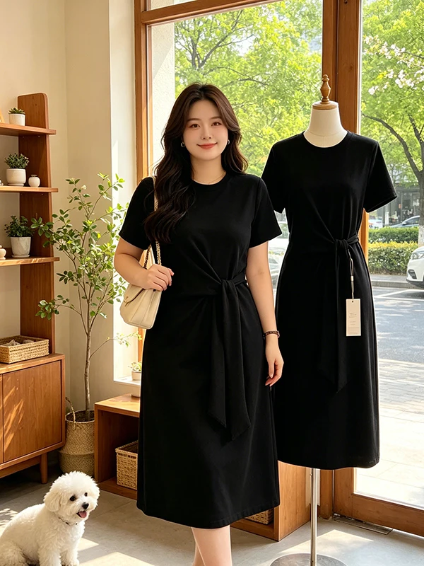plus Size Women's Summer T-Shirt Dress Knee-Length Tie Waist Short Sleeve round Neck Casual Comfortable Breathable A-Line Dress