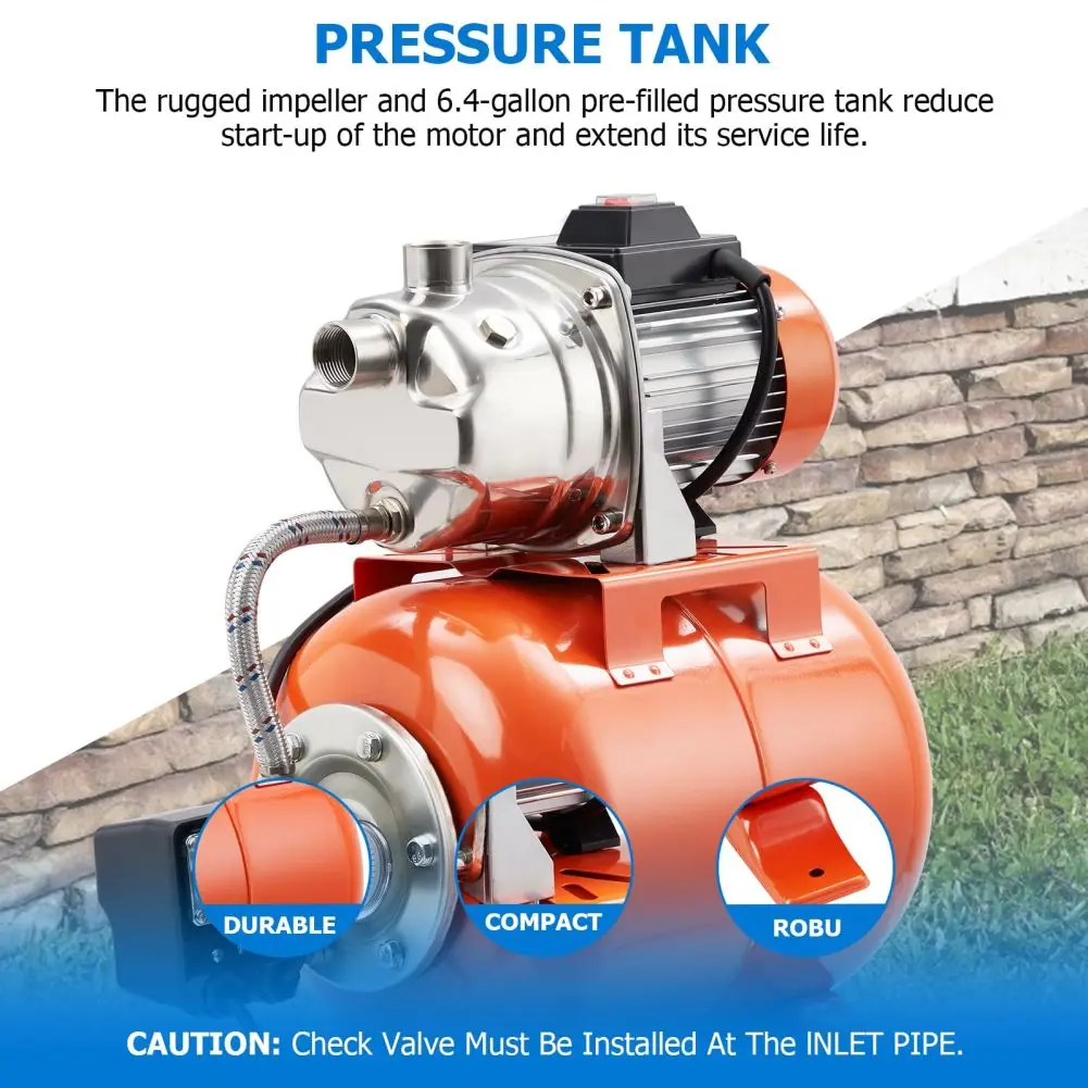 3/4HP Shallow Well Pump With Pressure Tank Stainless Steel 115V Irrigation Pump Automatic Water Booster Jet Pump for Home Garden