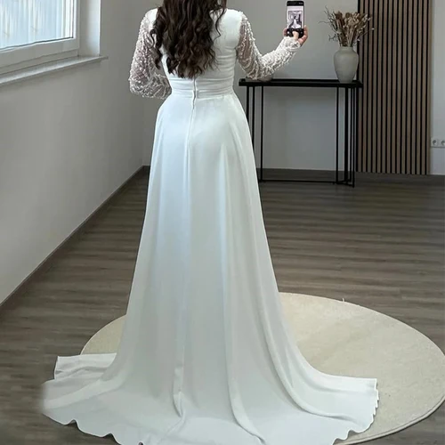 Imagen 2 del producto Vestido de noche de lujo con cuello cuadrado, sirena de encaje con cuentas, largo hasta el suelo con cola de barrido, manga larga personalizada, فستانmavera