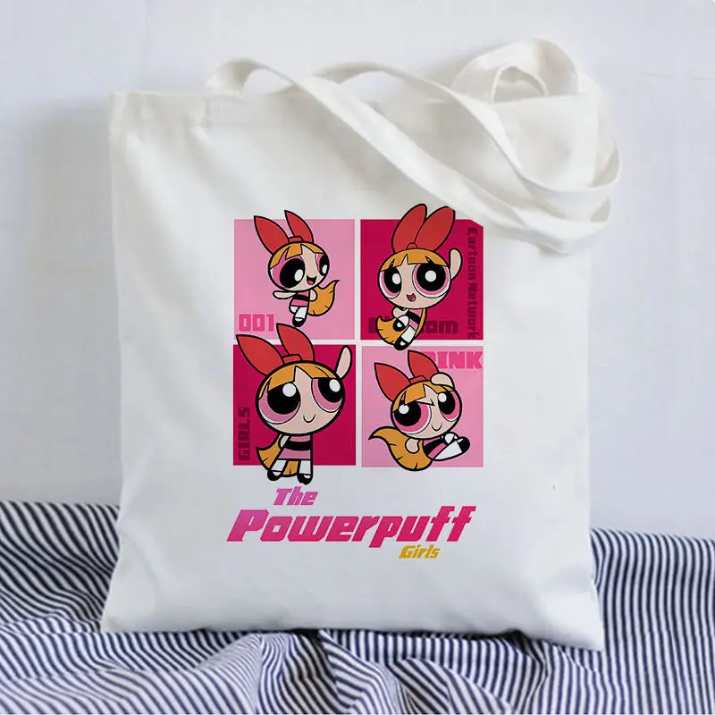حقيبة كتف قماشية عصرية مطبوعة لطيفة للفتيات من كارتون The Powerpuff حقيبة يد نسائية صديقة للبيئة قابلة للطي حقيبة تسوق ذات سعة كبيرة