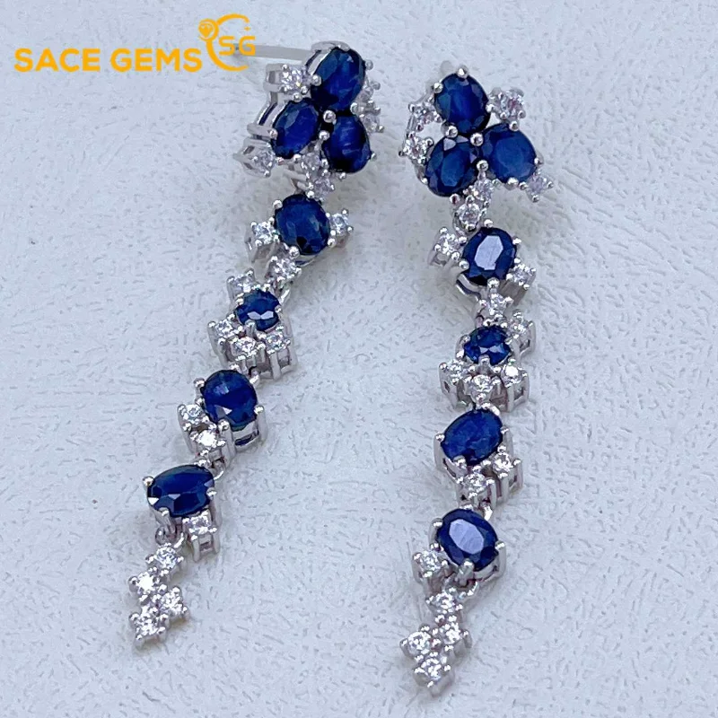 

SACE GEMS Fashion Drop Earrings for Women 925 Sterling Silver 3*4MM Sapphire Stud Earrings Wedding Party Fine Jewelry Gift