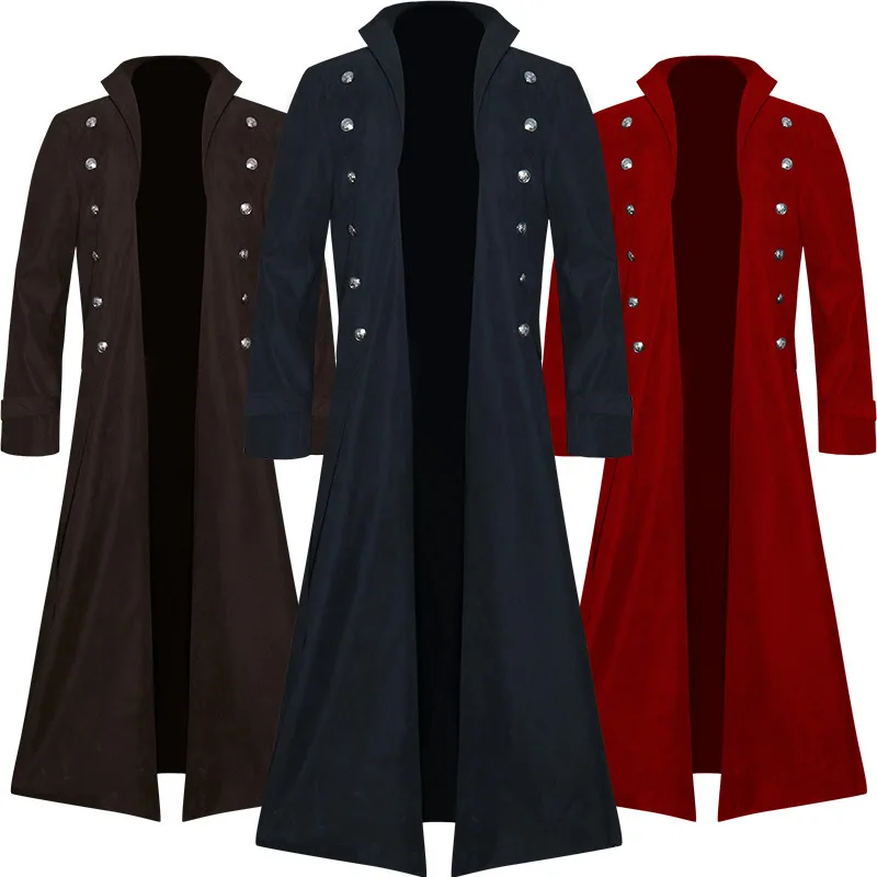 Vintage Middeleeuwse Kostuums Steampunk Gotische Zwarte Rode Lange Jas Jas Vampier Cosplay Piraat Halloween Outfit Heren Trenchcoat