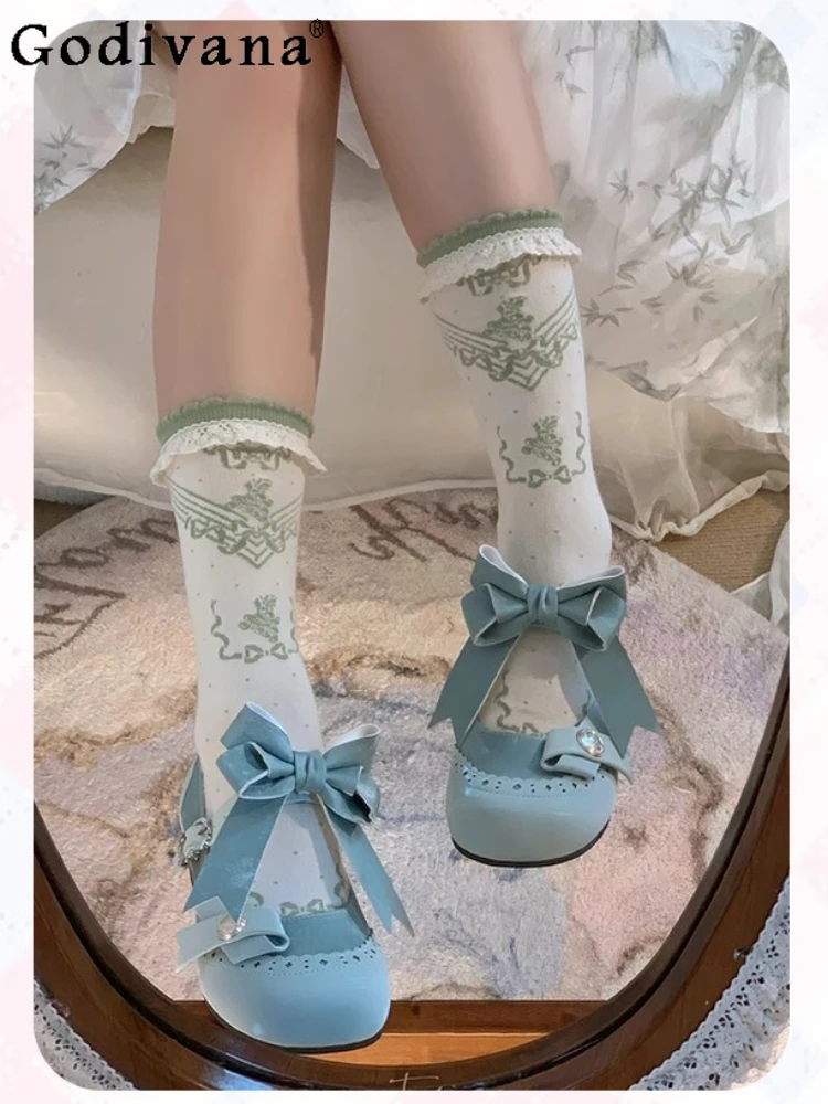 

2025 New French Lolita High Heels Sweet Girl Cute Bow Round Head Thick Heels Jk Doll Sense Student Versatile Single Shoes