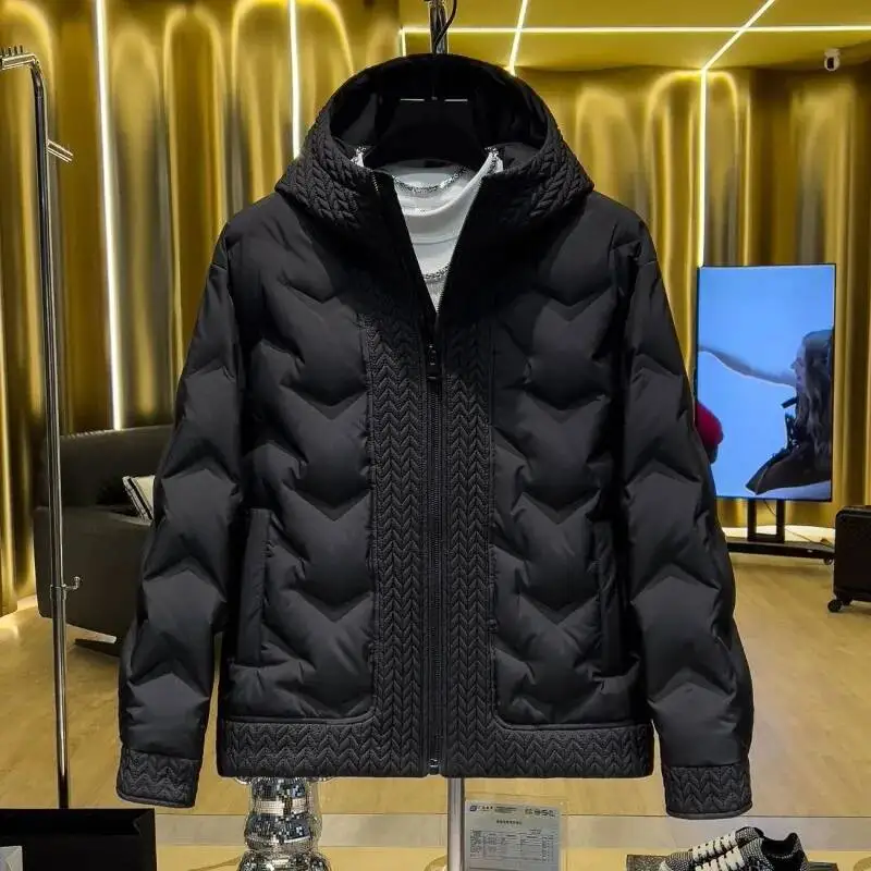 

Men's Autumn Winter Hooded Coat Patchwork Cotton Jacket Fashion Versatile Warm Parkas With Wheat Spike Design