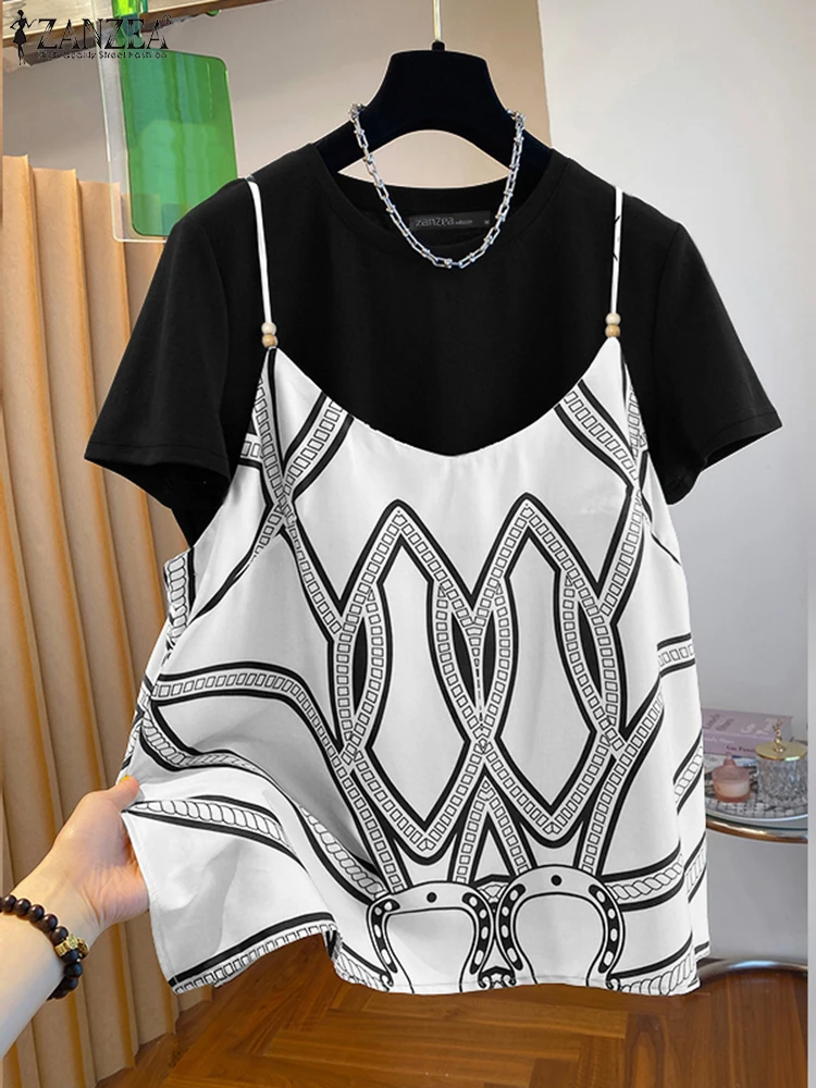 2025 ZANZEA Holiday Printed Shirt Stylish Summer Two Pieces Blouse Women Tanks Tops Casual O Neck Short Sleeve Work Blusas Camis