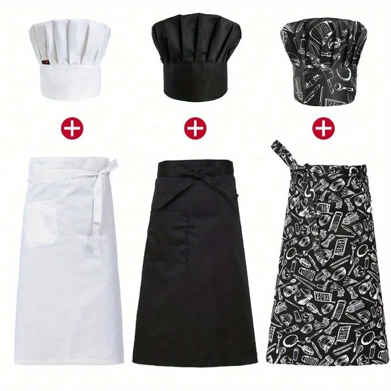 

Unisex Kitchen Apron with Chef Hat Set - Waist Bib Apron & Cotton Cap for Cooking, Baking, Restaurant & Hotel Work
