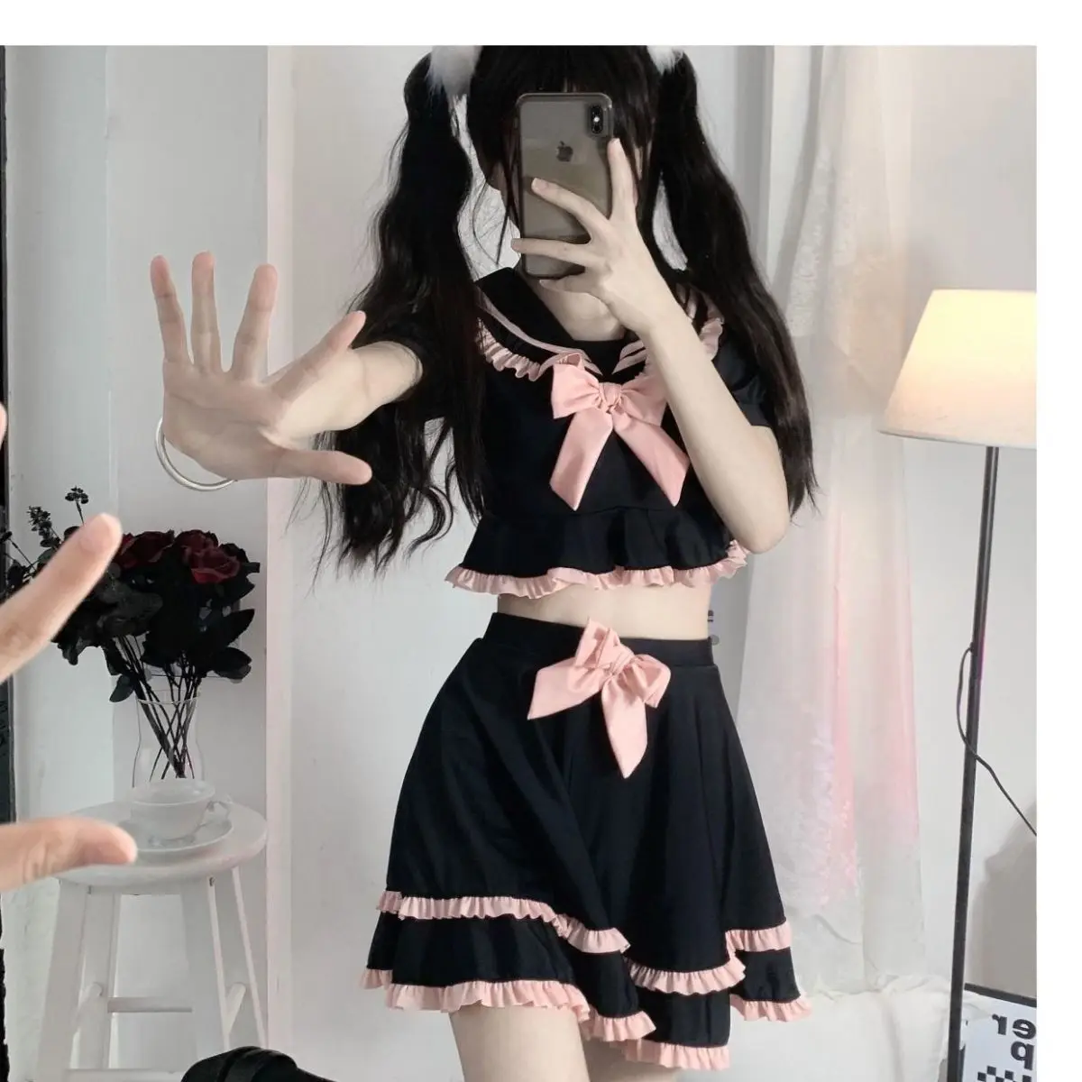 Cute School Girl Cosplay Sukumizu Bow marynarski kołnierzyk dwuczęściowy strój kąpielowy czarny Lolita wzburzyć strój kąpielowy Bikini topy zestaw