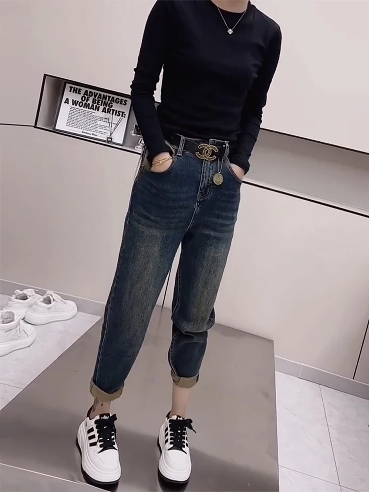 Imagem -03 - Calça Jeans de Perna Reta Feminina Papai Calças Tamanho Grande Elástico Cintura Alta Mostrar Fina Nova Moda 2023 Y2k