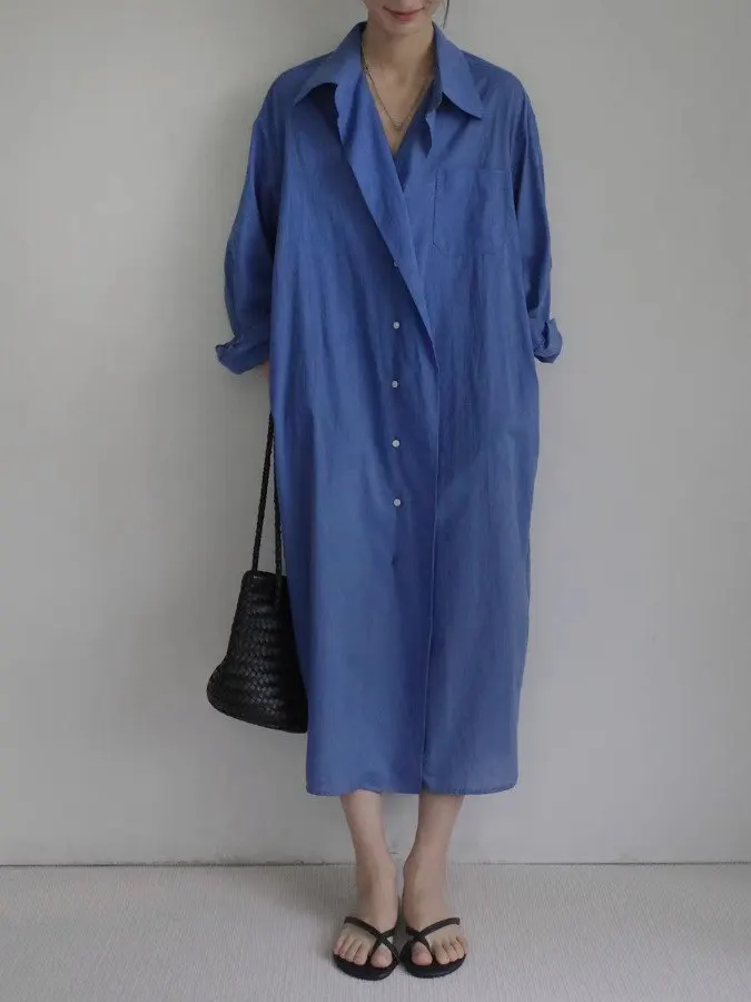 Señoras Azul irt Dr Gentle Lazy Sle Long Dr Mujer Adelgazante Cintura Alta Versión Coreana Temporada Primavera Verano