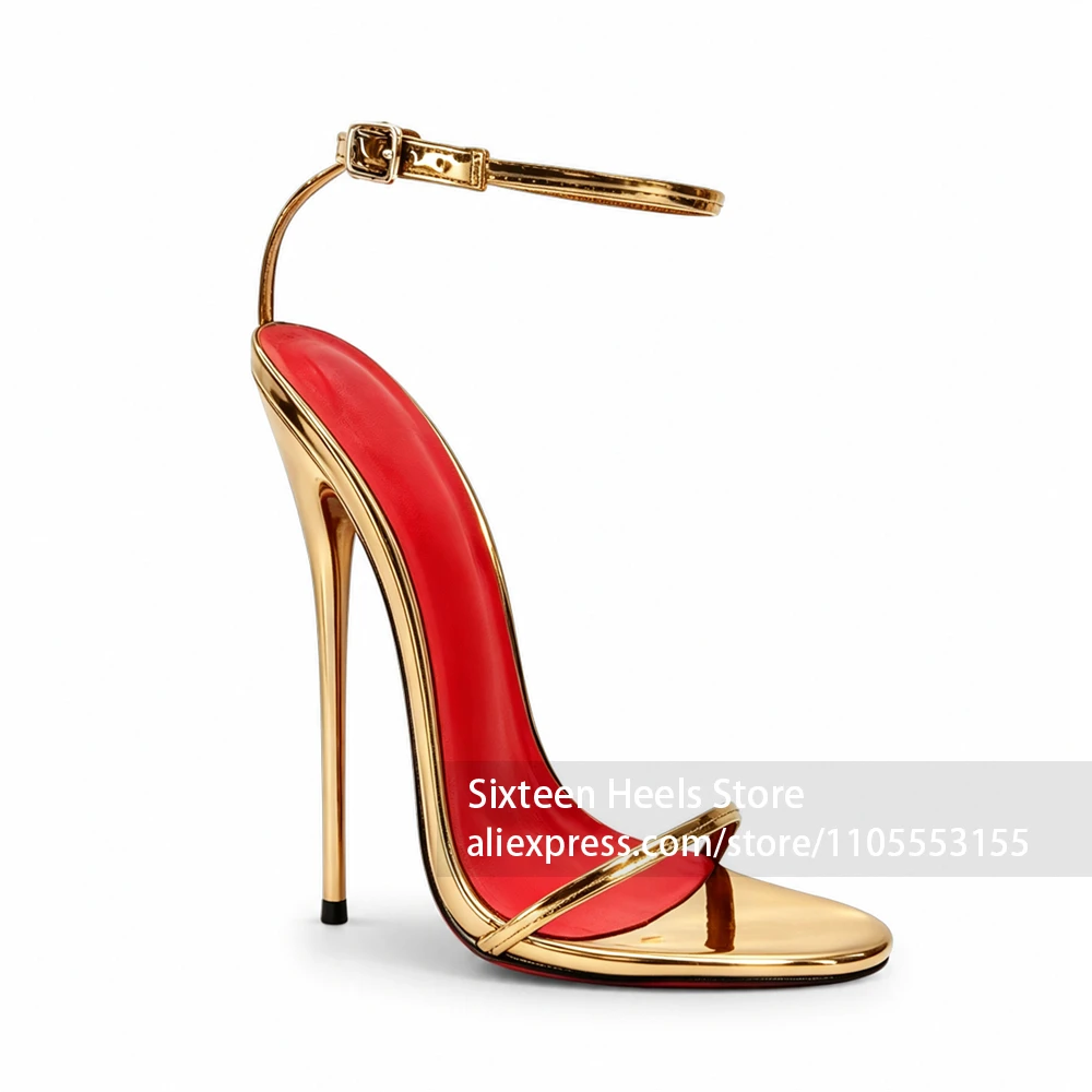 16cm Gold Metallic Ankle Strap Stiletto Sandals Open Toe Mirror Finish Party Lacquered Heel Summer Shoes Sexy Stiletto Sandals
