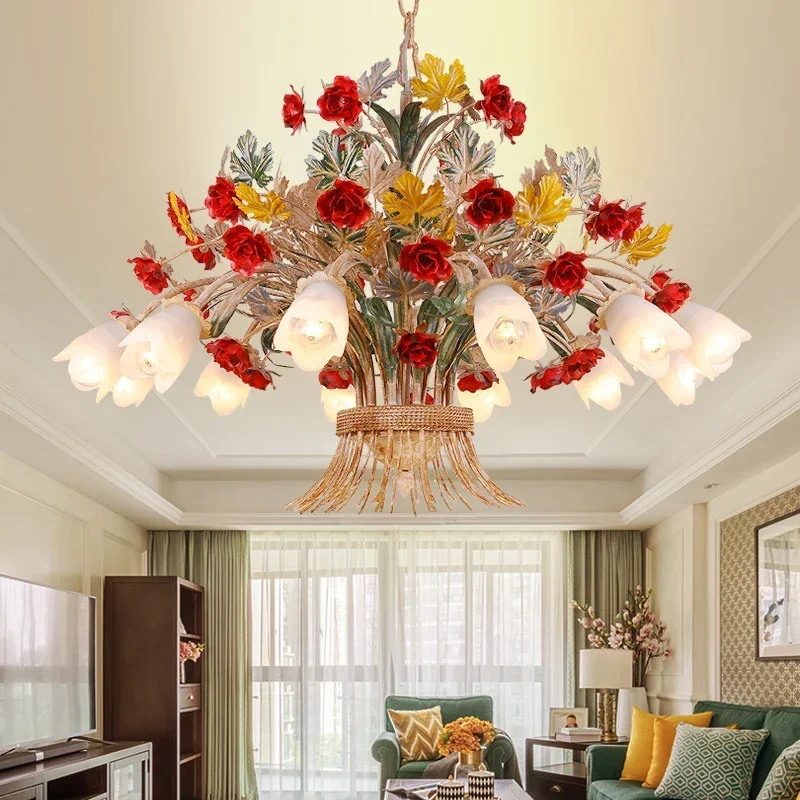 American Retro Glass Korean Lantern Grass Chandeliers Living Room Lamp Dining Room Lights Pendant Iron Flower Room Decoration