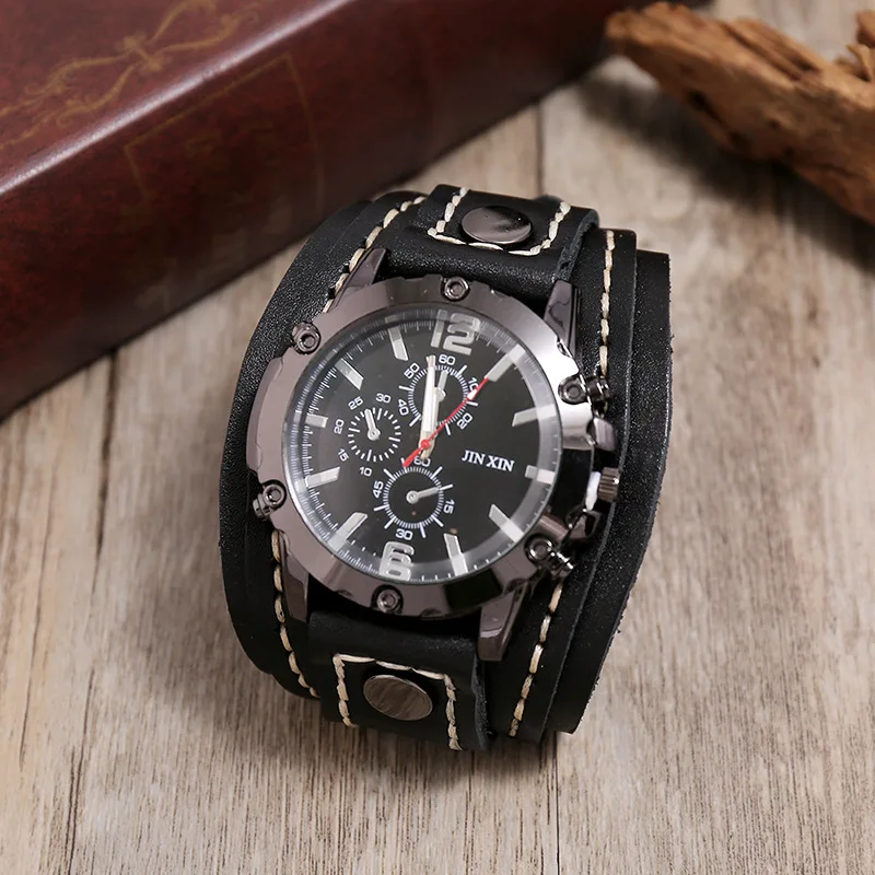 Vintage Men Quartz Watch Big Dial High Quality Cowhide Leather Strap Dress Wristwatch For Mens