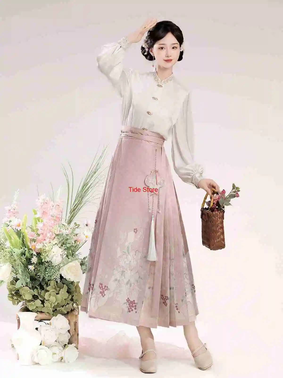 

Floral Messenger New Chinese Style Improved Daily Hanfu Mamian Horse Face Skirt Stand Collar Long Sleeve Shirt Autumn Dress