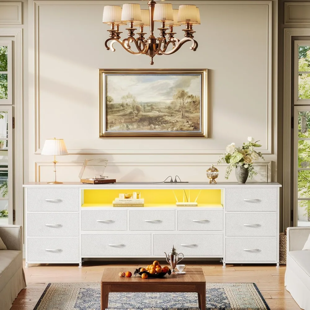 

70 Inch TV Stand for 75, 80 Inch TV, 11 Drawer Long Dresser with Power Outlets and LED Lights, Entertainment Center with Storag