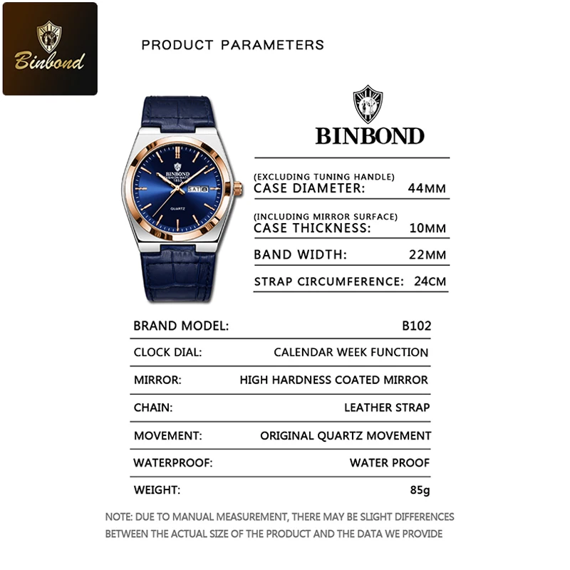 BINBOND, relojes de cuarzo de lujo para hombre, reloj Original para hombre, resistente al agua, luminoso, fecha, semana, reloj de pulsera con correa de cuero para hombre