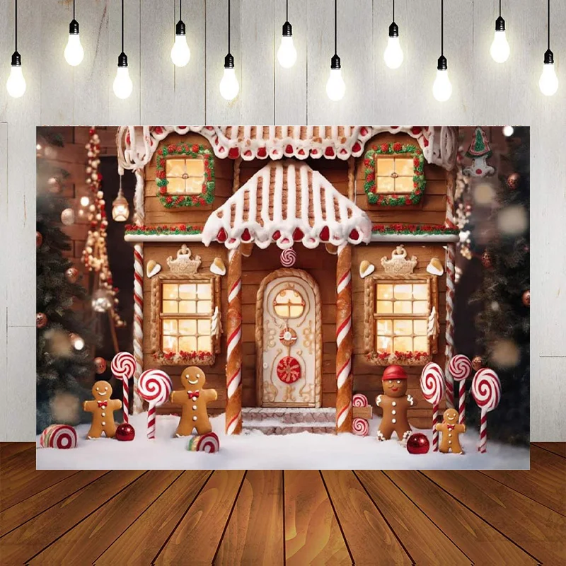 Christmas Candy House Backdrop Photography Gingerbread Man Lollipops Background Winter Snowflake Holiday Party Decoration Banne