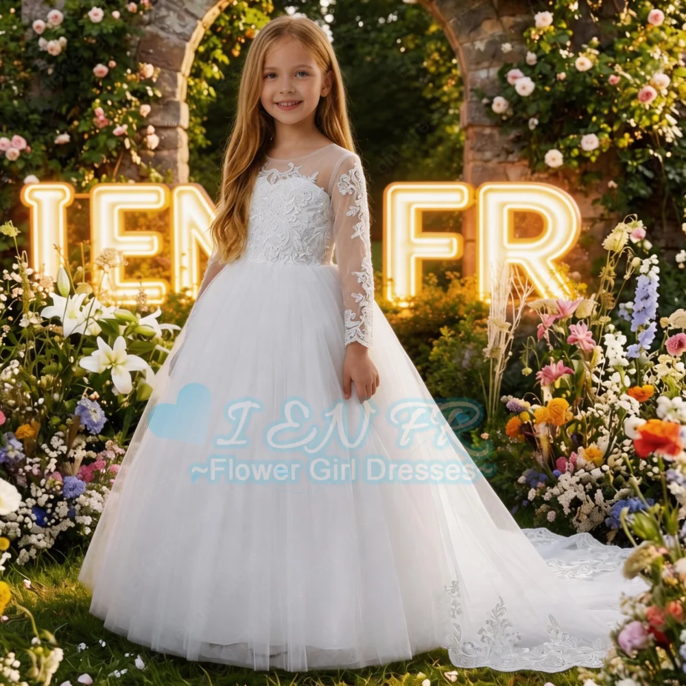 

Customized Flower Girl Dress Lace White A-Line Dress with Bow Decoration for Holiday Party Wedding Bridesmaid Flower Girl