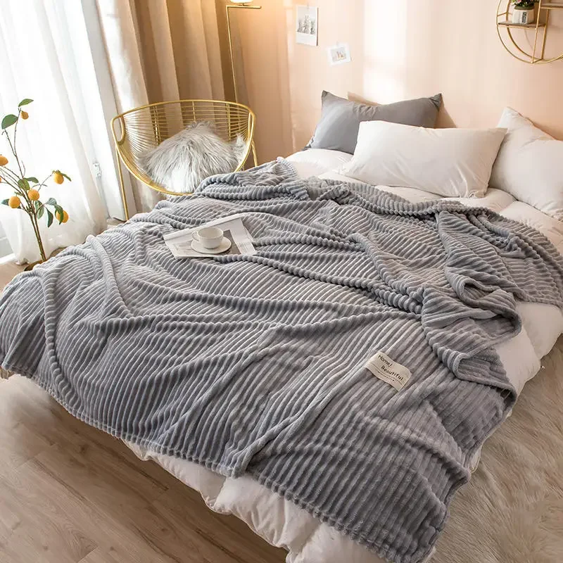 

Blankets for Beds Super Soft Flannel Blankets For Beds Solid Striped Mink Throw Sofa Cover Bedspread Winter Warm Blankets Thick