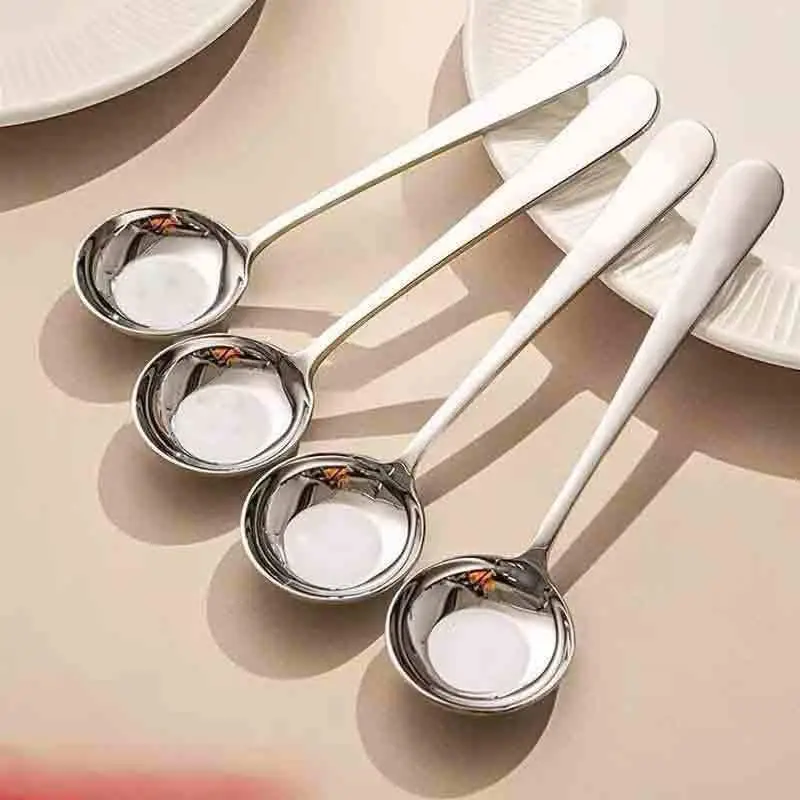 Cucchiaio a manico lungo Cucchiaio a fondo piatto Cucchiaio rotondo in acciaio inossidabile Zuppa di tè Cucchiaio da pranzo Cucchiaini per la casa Utensili da cucina