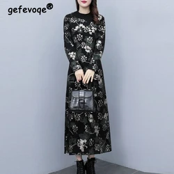 Vintage Floral Print Elegant Fashion Party Dresses for Women Autumn Winter Female Round Neck Long Sleeve Slim Maxi Dress Vestido