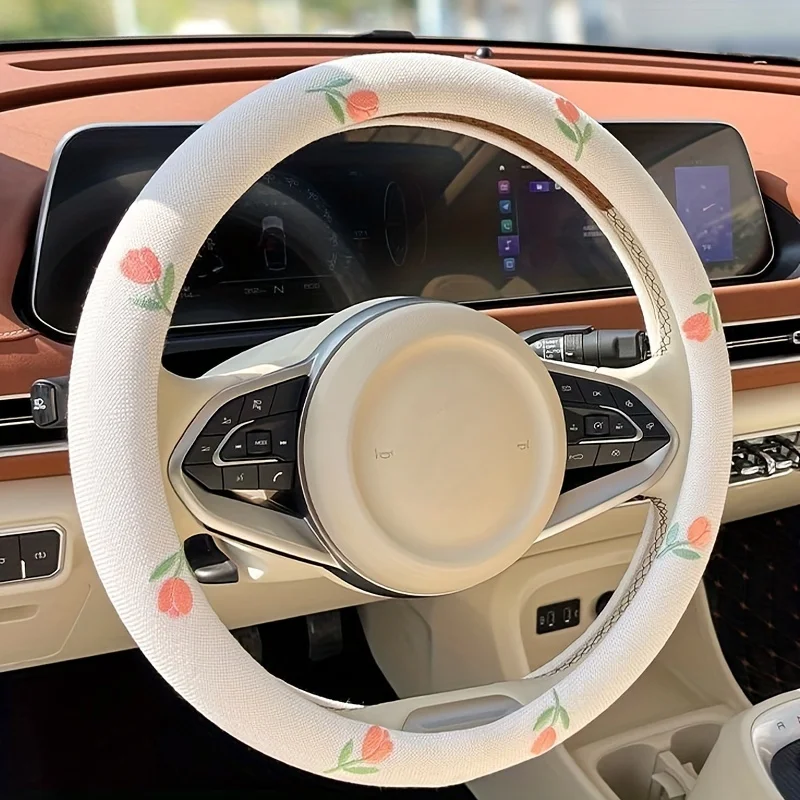 1pc Cotton and Linen Embroidered Tulip Car Steering Wheel Cover Auto Parts - Anti-Slip, Wear-Resistant, Sweat Absorbing view 3