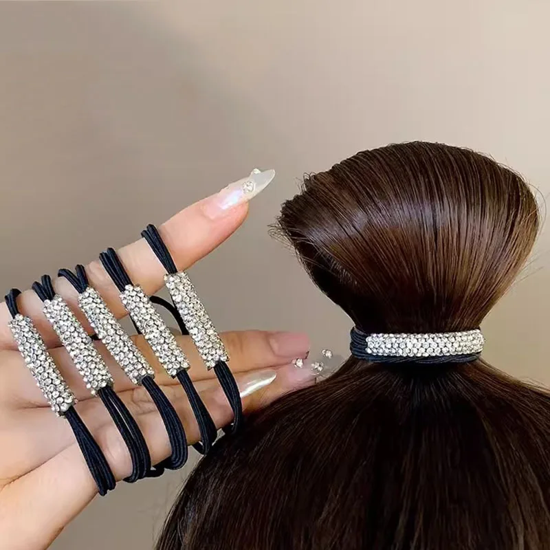Korean 5pcs New High Elastic and Durable Rubber Band, Ponytail Head Rope, Hair Band, Advanced Rhinestone