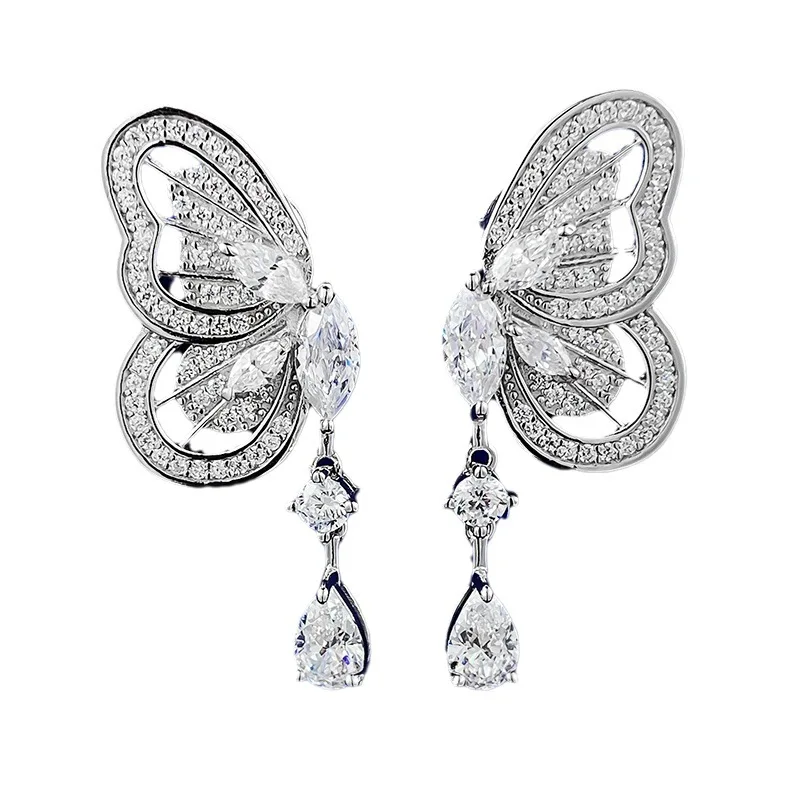 

925 Sterling Silver White Butterfly Studs Tassel Earrings Women Zircon Accessories Elegant Cool Earring Line Fashion Jewelry