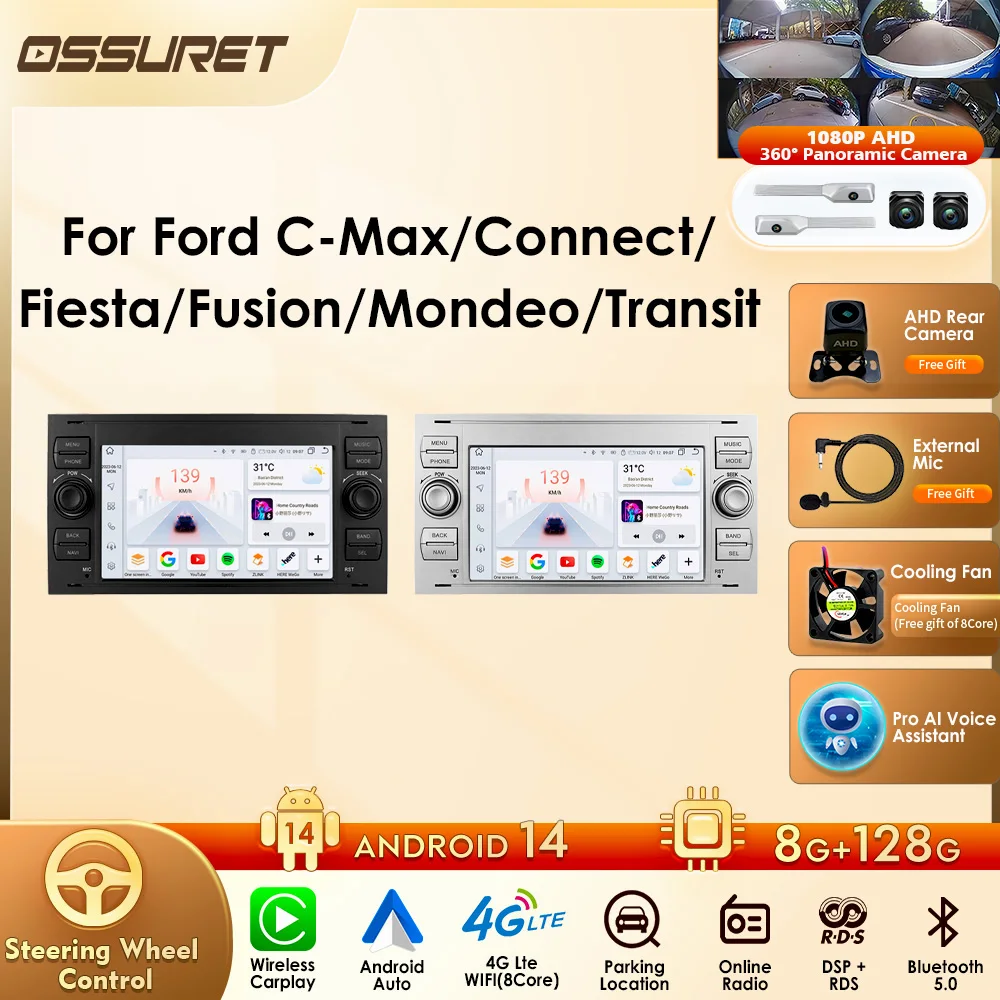 Autorádio Android Carplay para Ford Focus, Fusion, Mondeo, Fiesta, S-max, Focus, Galaxy, Transit Connect, Kuga, Player Multimídia 2DIN com GPS