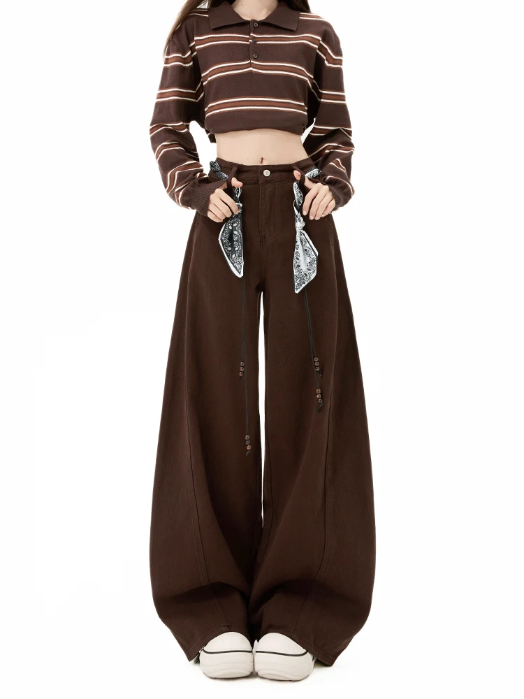 

Brown Retro Knife High Waist Straight Leg Wide Leg Jeans Women's Spring Summer New Style Casual Cotton Polyester Blend
