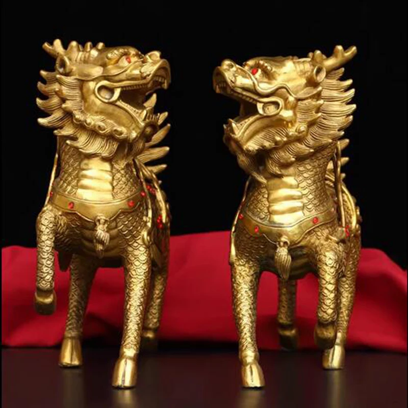 Pure brass qilin, a pair of town house fire qilin, attracting wealth and giving children, Chinese style home living room decora