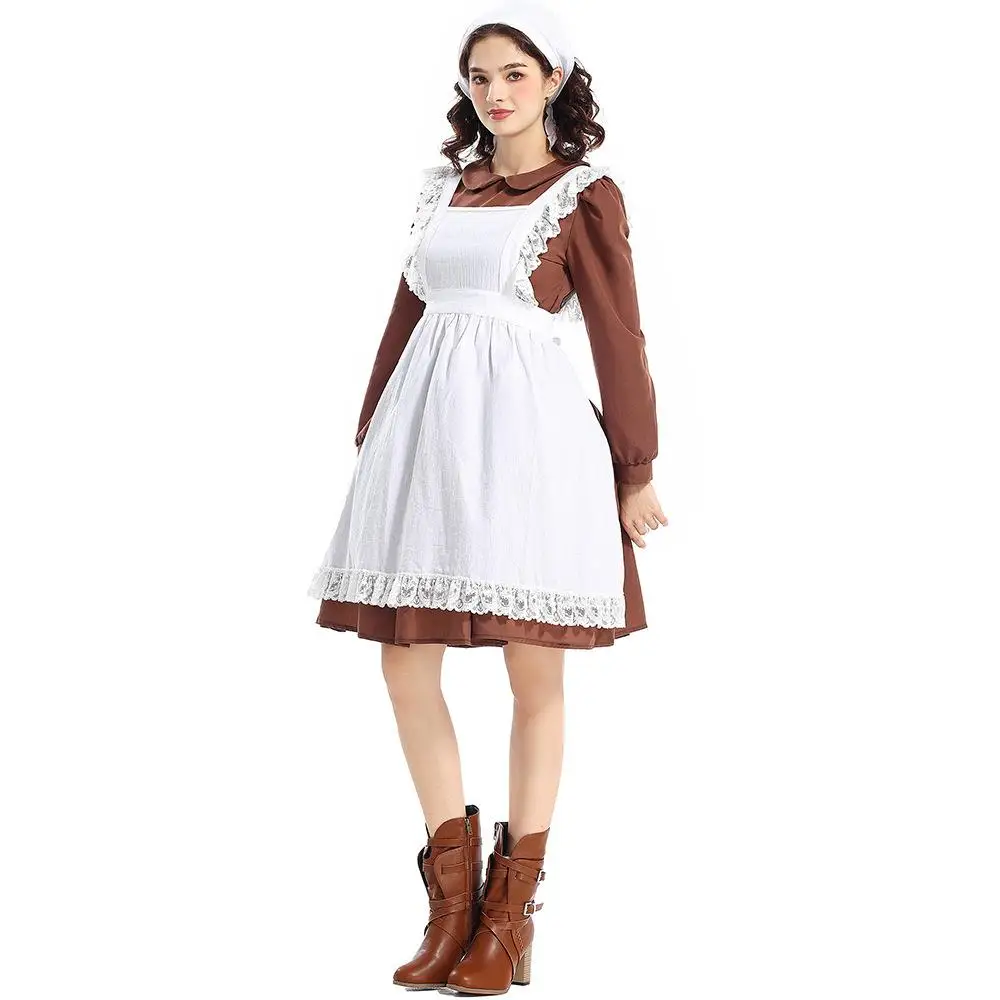 زي تنكري للنساء البالغات لعيد الهالوين، زي خادمة بياقة دمية بنية اللون بطراز قديم، إصدار جديد لربيع 2024، زي مسرحي عرقي للسيدات #3