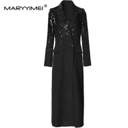 MARYYIMEI Elegant Autumn winter Fashion Coat Women's long sleeve Notched Sequins Double breasted Black Daily Basic Long Overcoat