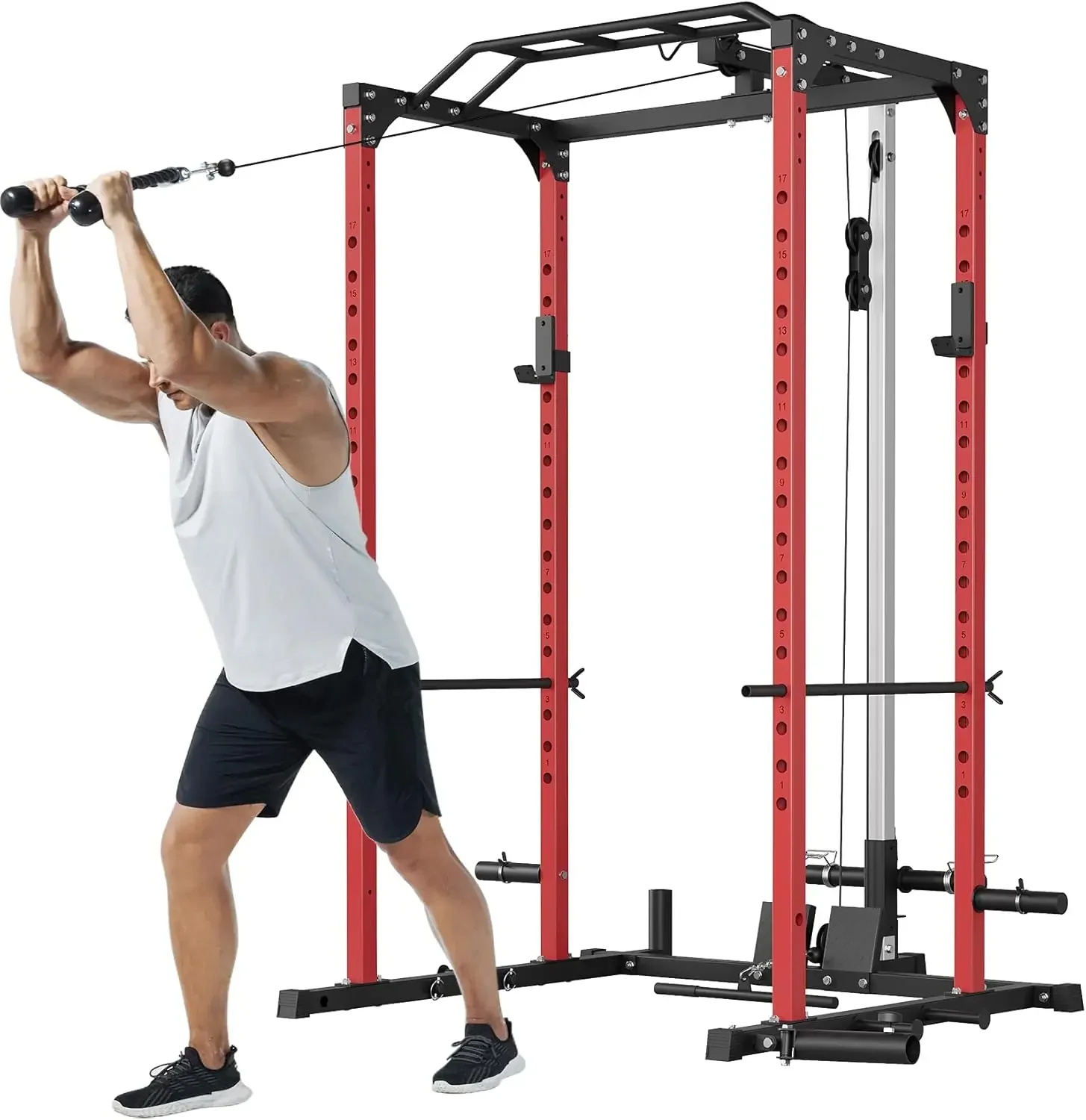 

Garvee 1200LBS Heavy Duty Squat Rack 8-in-1 Power Cage, Functional Trainer with LAT Pulldown Low Row J-Hooks Dip Bars Landmine Attachments Power Rack Home Gym Red Black