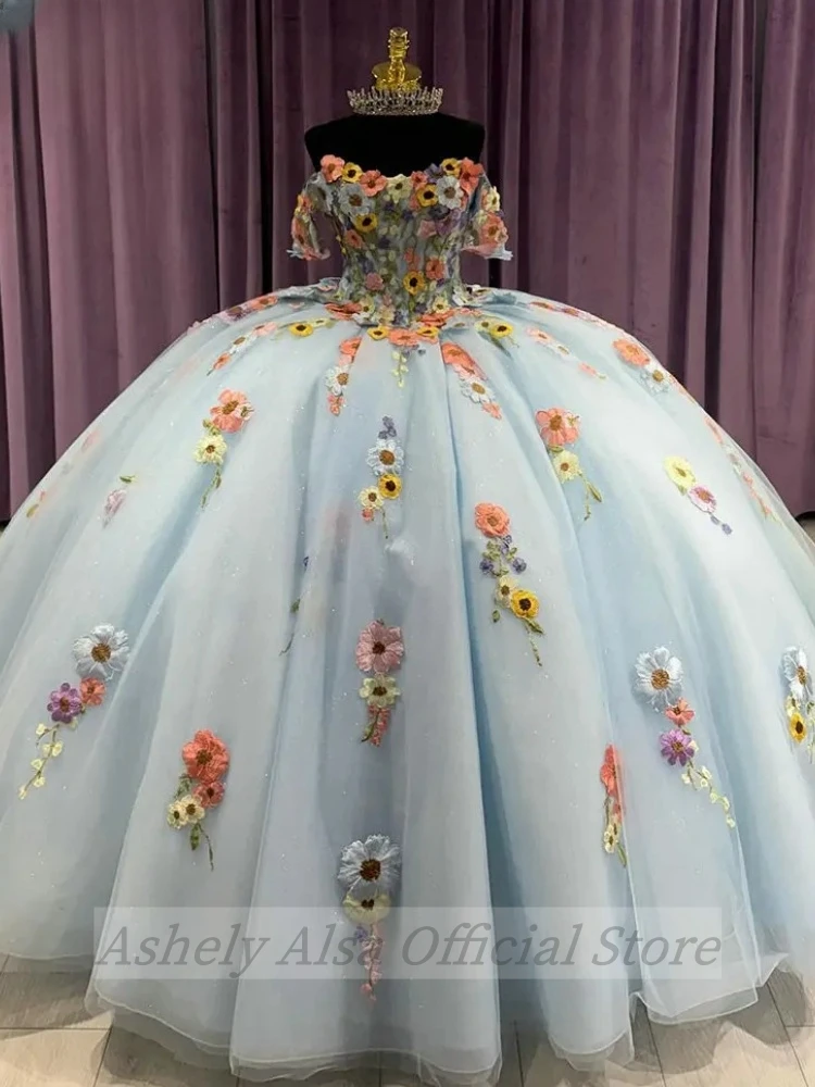 Real Picture Ice Blue Ball Gown Quinceanera Dresses Princess GIrls Party Prom Gown Formal Colorful Floral Vestidos De 15 Años