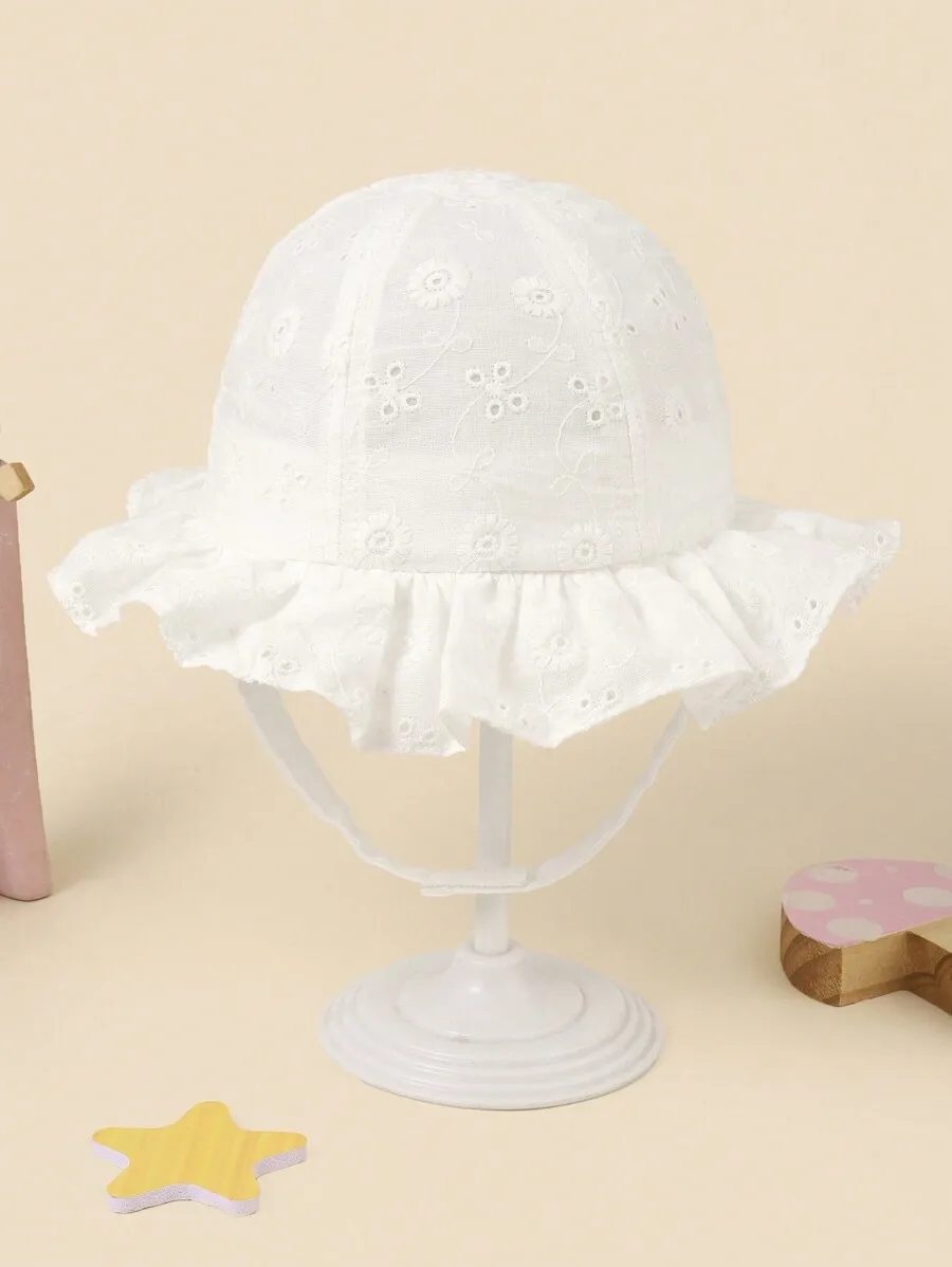 White Floral Embroidery Bucket Hat With Ruffled Brim And Chin Strap For Adults