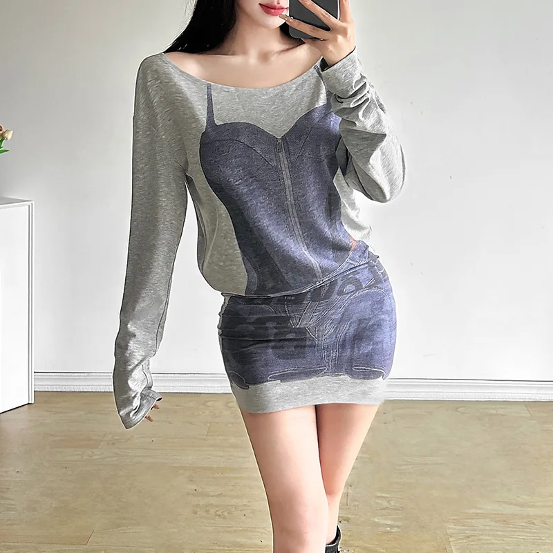 Autumn new women's creative mix and match style denim print personalized fashion slim fit dress