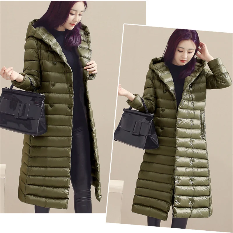 With Belt Winter Double Breasted Hooded Down Coat Women Warm Light Thin White Duck Down Jacket Lady Long Puffer Parkas Outwears