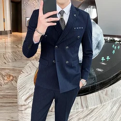 2024 Formal Stripe Men Suits Double Breasted Wedding Groom Stage Tuxedo Man Business Slim Social Formal Suit Dress  2 Pcs / 3pcs