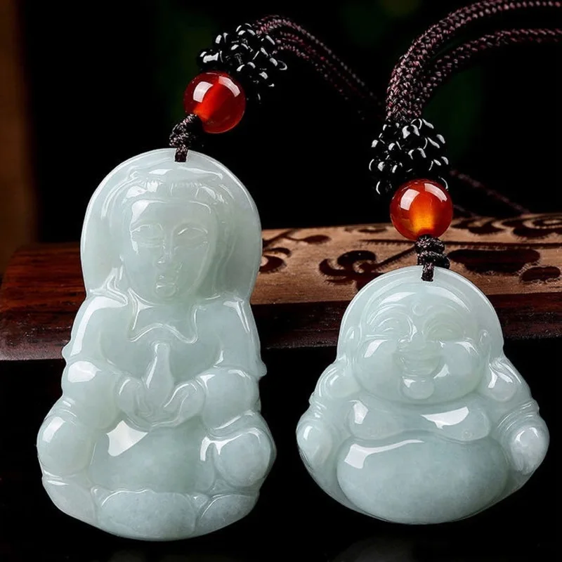 Natural Jadeite Guanyin Laughing Small Buddha Jade Pendant Burmese Raw Stone Hand-Carved