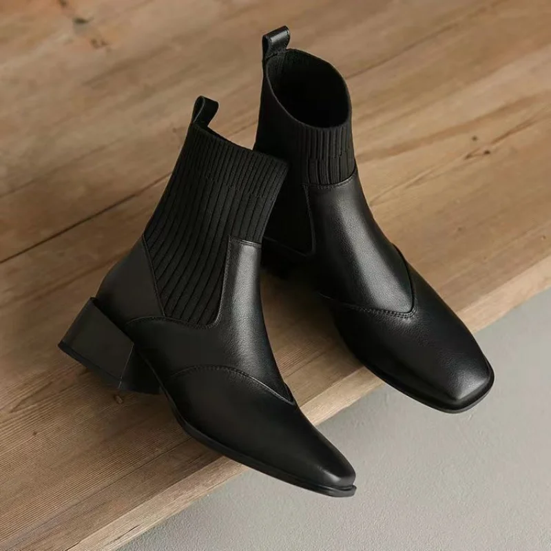 Pointed Ankle Boots Winter Women New Casual Chelsea Boots Women Medium Heel Knitted Sock Boots Women Faux Suede Female Heels