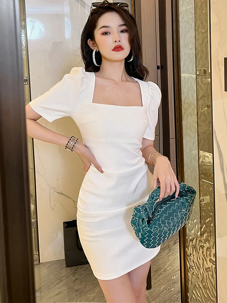 

New Korean Elegant Office Women Evening Dress Temperament Formal Simple Square Collar Slim Mini Party Street Lady Mujer Vestidos