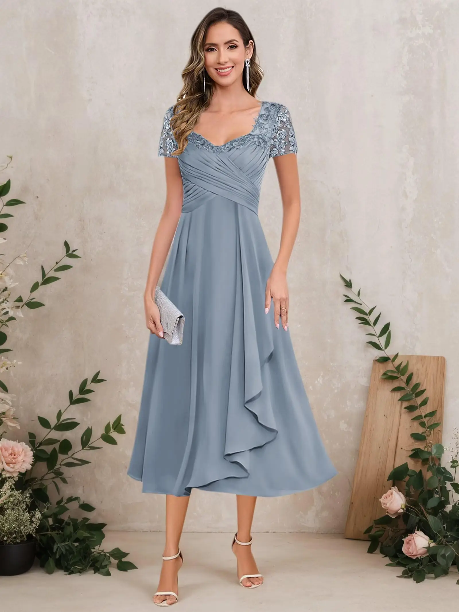 

Lace Appliques Mother of The Bride Dresses for Women with Sleeves Chiffon A Line Long Formal Evening Gown