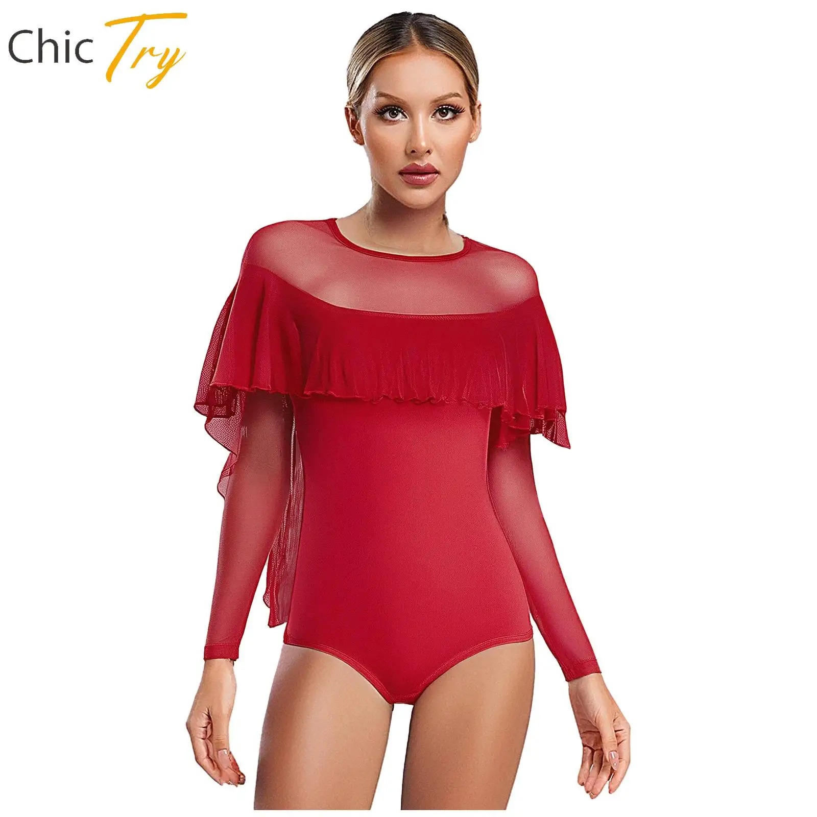 

Womens Lyrical Dance Costumes Ballet Gymnastics Leotards Padded Long Sleeve Ruffled Overlay Mesh Spliced Skating Dance Bodysuits