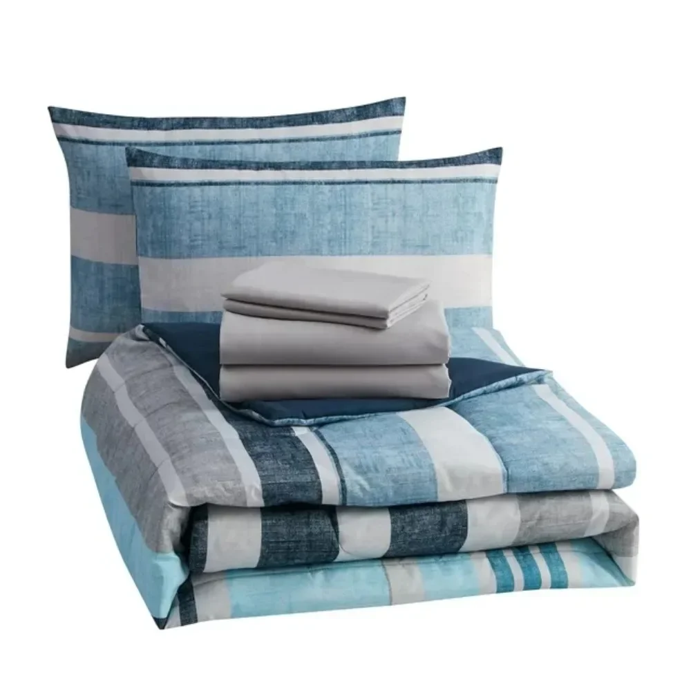 Blue Stripe Bed In A Bag, 8-Piece Geometric Bed In A Bags Comforter Set With Sheets, Full