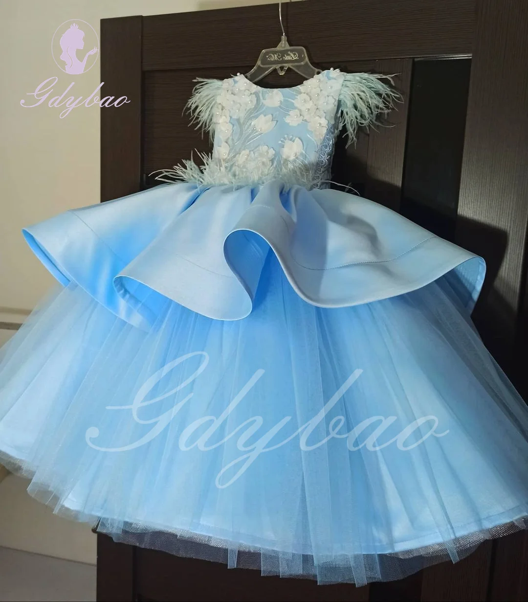 Vestido azul hinchado de flores para niña, apliques de satén para boda con lazo, vestidos de fiesta de princesa para primera comunión y cumpleaños para niños