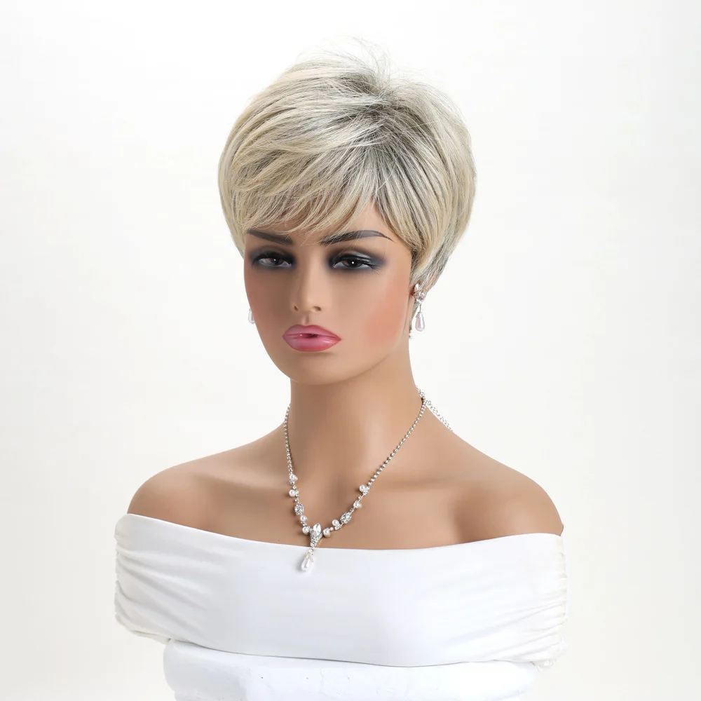 *耐熱性ショートブロンドボブウィッグ、ストレートバング付き、女性用合成毛、日常使用＆コスプレ用