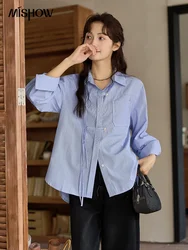 MISHOW Blue Striped Long Sleeve Shirt Women Vintage Lapel Tops 2024 Autumn Loose Casual Shirts Drop Sleeve Pocket Top MXD48C0351