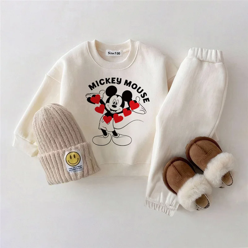 2Pcs Children Girl Minnie Print Long Sleeved Tracksuits Winter Thicken Mickey Mouse Sweatshirt + Pant Baby Boy Clothes Sets