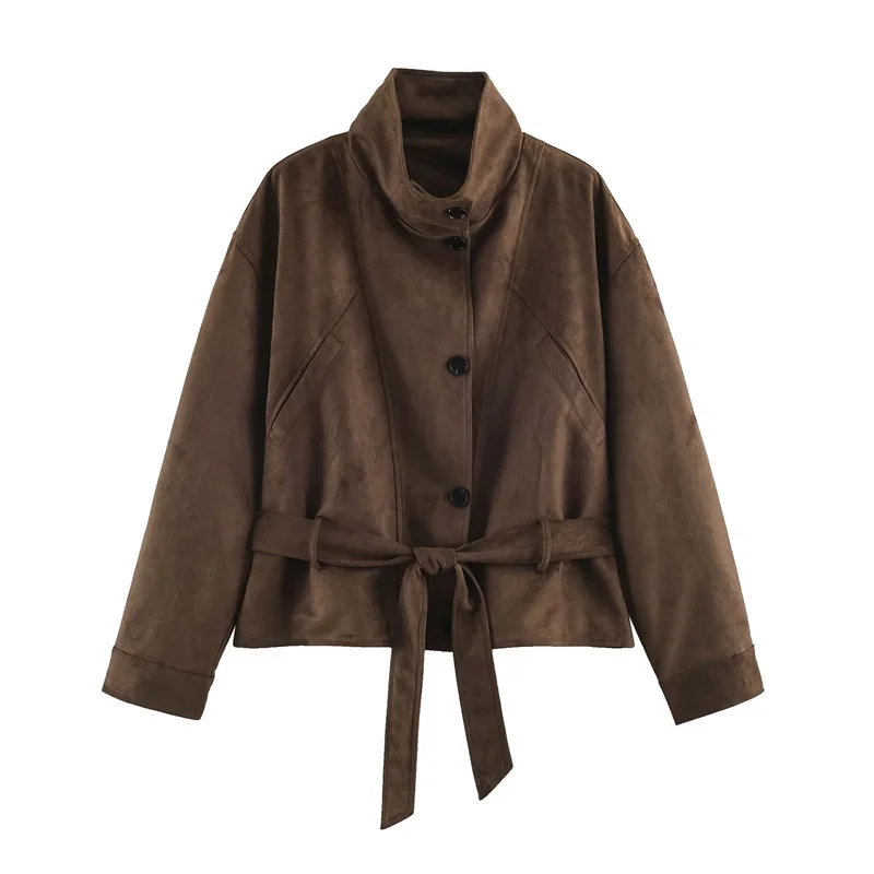 Guobioziy 2026 Fall Western Boho Chic Jacket Women Brown Faux Suede Tie Belt Coat Relaxed Fit For Concert And Road Trip