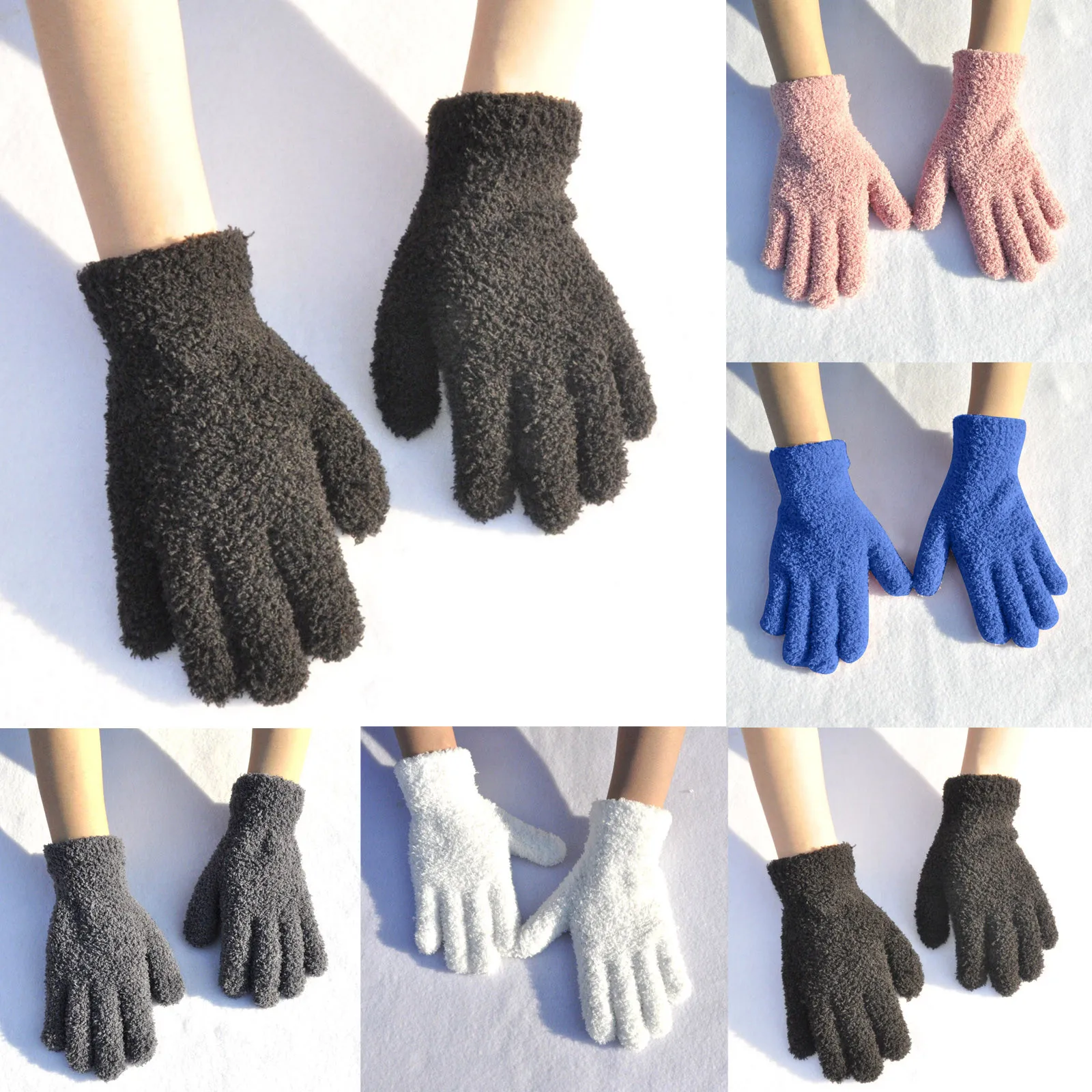 Short Gloves Winter Coral Fleece Children Solid Knitted Plush Furry Full Finger Mittens Autumn Hand Warmer Men Women